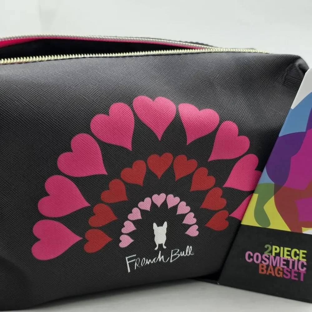 French Bull Dog‎ 2 Piece Set Cosmetic Black Pink Hearts Makeup Travel Organizer